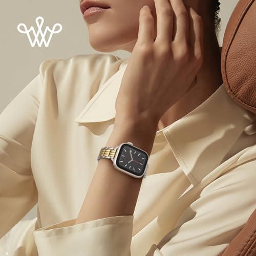Wearlizer Slim Stainless Steel Band Compatible with Apple Watch Bands 44/45/46/49/42mm Women, Dressy Pretty Metal Strap Bracelet for iWatch Series 11 10 9 8 7 6 5 4 SE/Ultra 3 2 1 Silver/Gold - Thumbnail 6