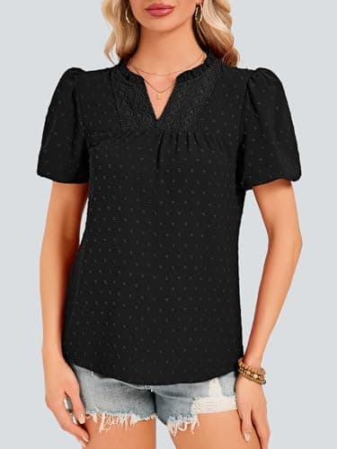Funlingo Womens Boho Tops Summer Short Puff Sleeve V Neck Blouses Dressy Casual Flowy Swiss Dot Lace Crochet Babydoll Shirts Trendy Clothes 2026 Black 3XL - Thumbnail 4