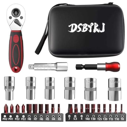 DSBYKJ 29-Piece 1/4-Inch Drive Socket Ratchet Wrench Set with Drill Bit Socket Set, Metric and Extension Bar, for Car Repair and Home Use, with Storage Bag for Easy Carrying Cr-V