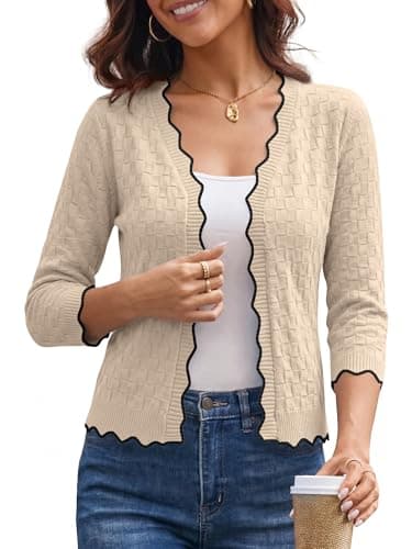 Biodeer Women's 3/4 Sleeve Cropped Cardigan Scalloped V Neck Open Front Lightweight Shrug Knit Hollow Out Crop Top Sweater Khaki - Image 1