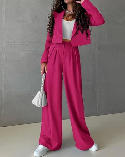 KIRUNDO Fall Sets Women 2 Piece Outfits Business Casual Cropped Blazer and Wide Leg Pants Suit Sets Work Clothes(Rose Red, XX-Large) - Thumbnail 3