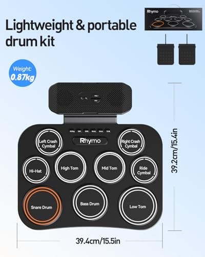Rhymo Portable Electronic Drum Set, 9-Pad Roll-Up with Built-in Speaker, Rechargeable Battery, Headphones, Drum Pedal & Sticks, Perfect for Beginners, Home Practice and Travel Gifts - Thumbnail 6