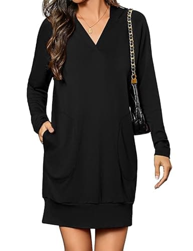 Totatuit Women Hoodie Dress Long Sleeve V-Neck Pullover Casual Oversized Sweatshirt Dress with Pockets Fall Outfits Halloween Black XL - Image 1