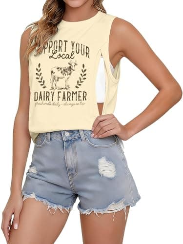 MYHALF Nursing Tank Tops Women Friendly Zip Sleeveless Breastfeeding Shirts Mama's Dairy Farm Print Maternity Clothes Apricot - Image 1