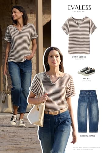 EVALESS Womens 2025 V Neck Striped Cap Short Sleeve T Shirts Fashion Trendy Spring Summer Dressy Casual Tops Loose Fitted Tee Blouses Clothes,White Stripe Large - Thumbnail 4
