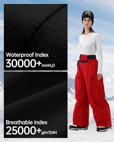 HIGH EXPERIENCE Snowboard Pants for Women Men Baggy Ski Pants Snow Loose Warm Insulated Winterproof Waterproof (Red, Large) - Thumbnail 4