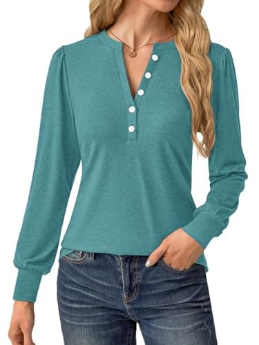 GKBK Women's Puff Long Sleeve Tunic V Neck Button Blouses Fall Tops Trendy Dressy Casual Business Henley Shirts Cyan L - Thumbnail 4