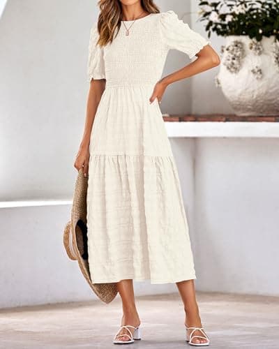 dowerme Womens Summer Dresses 2025 Casual Puff Short Sleeve Crewneck Smocked Flowy Ruffle Boho Beach Party Maxi Sundress(Beige,Large) - Thumbnail 6