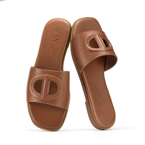 Athlefit Brown Flat Sandals Women Square Open Toe Comfortable Slip On Summer Beach Slide Sandals Size 10 - Thumbnail 6