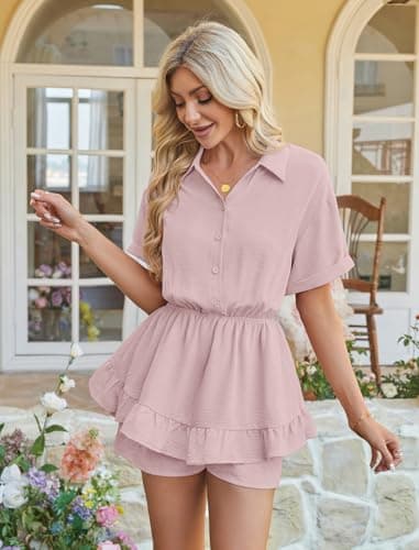 Angashion Womens Summer Shorts Romper: Self Tie V Neck Layer Ruffle Hem Romper Dress with Pockets 2492Pink Large - Thumbnail 2