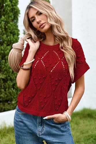 Cakulo Womens Short Sleeve Crochet Sweater Spring Summer Boho Casual Crop Tops 2026 Beach Vacation Clothes Red L - Thumbnail 2