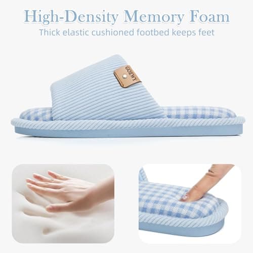 GOEWY Summer House Slippers for Women Cozy Open Toe Breathable Slippers with Memory Foam Birthday Gifts for Women Mom Indoor and Outdoor Size 7 8 Blue Checkered - Thumbnail 3