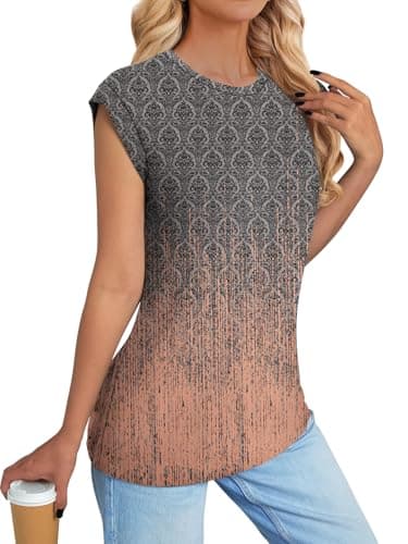 NORACORA Womens Spring Summer Cute Floral Tops Crew Neck Shirts Short Sleeve Tunic Basic Blouses Loose Tops Party Cap Sleeve T Tshirts Grey Pink Gradient XL - Thumbnail 4