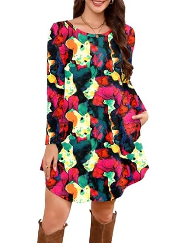 DEARCASE Women's Long Sleeve T Shirt Dress Floral Five Color Gradient Splicing Small Crewneck Knee Length Loose Casual Flowy Swing Tunic Dresses with Pockets - Image 1