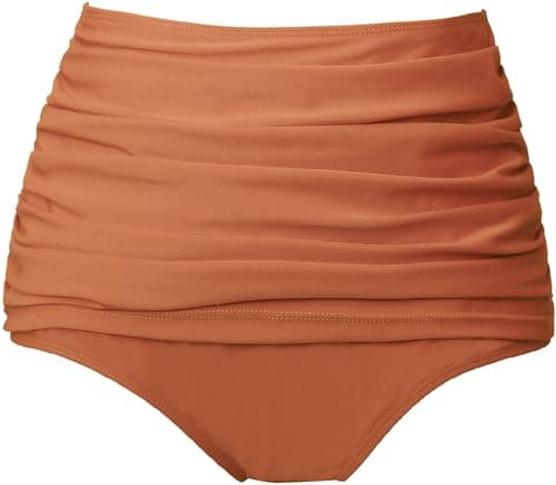 COCOPEAR Women's High Waisted Full Coverage Bikini Bottom Ruched Bathing Suit Bottoms for Women Tummy Control Swim Bottoms Light Orange L - Image 1