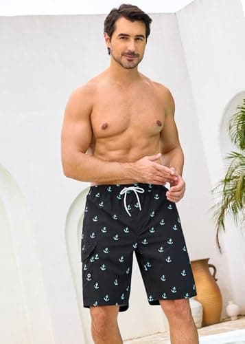 SILKWORLD Mens 9 Inch Stretch Swimming Shorts Compression Liner Swim Trunks Swimwear Bathing Suits Beach Wear Swim Suits, Blue Anchor, Medium - Thumbnail 5