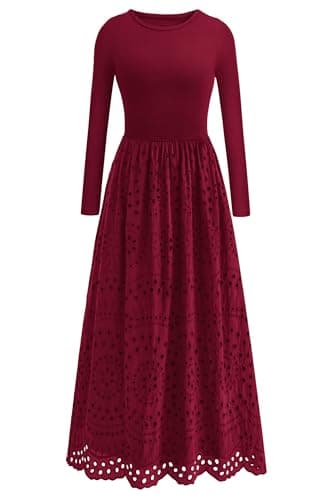 dowerme Women Spring Dresses 2026 Casual Long Sleeve Crewneck A-Line Boho Eyelet Cotton Maxi Wedding Guest Dress Pockets(Burgundy,Small) - Image 1