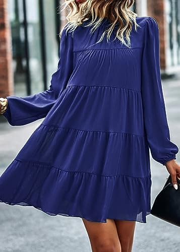 KIRUNDO Long Sleeve Baby Doll Dresses Women 2026 Casual Summer Fall Ruffle Mock Neck Tiered Mini Flowy Swing Shift Dress(Blue, Small) - Thumbnail 6