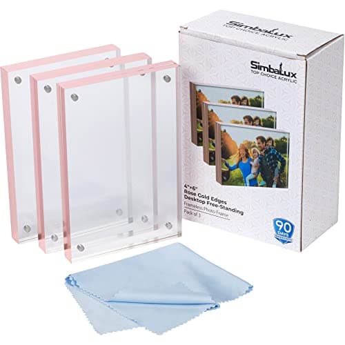 SimbaLux Magnetic Acrylic Picture Photo Frame 4x6 inches (3 Pack), Clear Glass Like with Rose Gold Edge Trim, Double Sided Frameless Desktop Floating Display, Free Standing, Easy to Change - Thumbnail 2