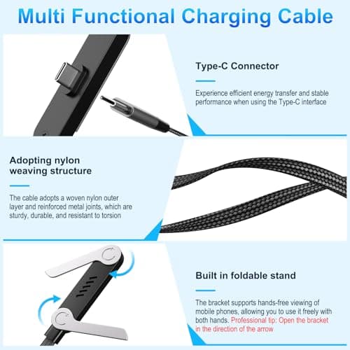 240W Braided Fast Charge Cable, 2026 New Invisible Holder Charger Cable with Stand, 4.92ft Foldable Durable 240W Stand Data Cable USB-C Cord 90 Degree Right Angle USB C Cable, Type C to Type C (1) - Thumbnail 5