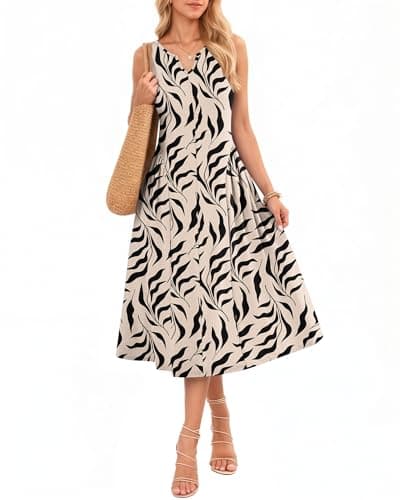 MISFAY Women's Sleeveless A-Line Maxi Dress with Pockets — Pleated Flowy Sundress for Summer Beach and Vacation(Apricot Black Leaf,2XL) - Image 1