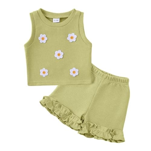 Kislio Toddler Baby Girl Outfits Floral Summer Clothes Waffle Sleeveless Tops Ruffle Shorts Cute Infant Spring Clothes Set - Image 1