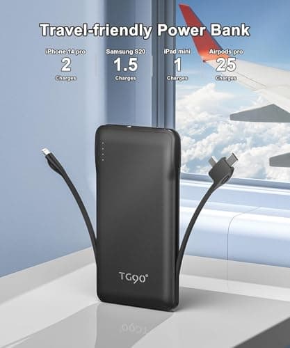 TG90° Portable Charger with Cords Only 10000mAh Power Bank with Built in Cables(No Plug) Battery Backup Cell Phone External Battery Pack Compatible with iPhone 17 16 15 14 13 12 Samsung Google iPad - Thumbnail 5
