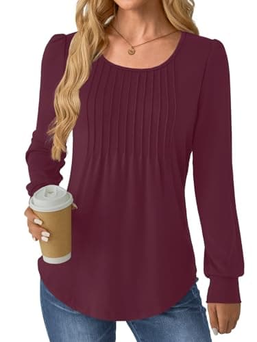 GKBK Women Long Sleeve Shirts Fall Tops Dressy Pleated Scooped Neck Tunic Tops for Leggings Wine Red L - Thumbnail 4