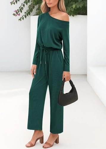 Lazysmile Jumpsuits For Women Dressy Long Sleeve Off Shoulder One Piece Wide Legs Rompers Casual Fall Outfits with Pockets - Thumbnail 4