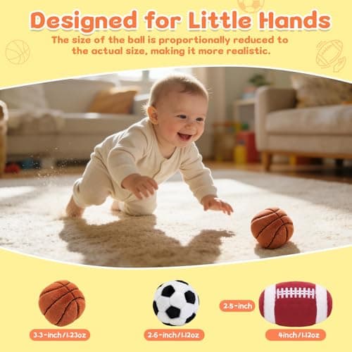 Baby Ball Toys 0-6 Months, Newborn Plush Rattle 3pcs Football Basketball Soccer Sports Set-Sensory Toys with Rattles for 0 3 6 9 12 Months Infant Boys Girls Birthday or Shower Gifts - Thumbnail 2