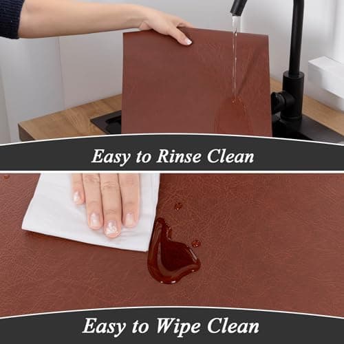 SHACOS Faux Cowhide Leather Placemats Set of 6, Wipeable Heat Resistant Table Mats, Stain Resistant Double Sided Reversible PU Place Mats for Dining Table Kitchen Restaurants, Chestnut and Gray Beige - Thumbnail 5