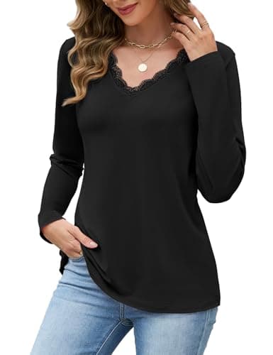 JUSTFASHIONNOW Winter Tops for Women V Neck Long Sleeve Shirts Trendy Lace Shirt Loose Fit Basic Tee Dressy Casual Work Office Outfits 2025 (Black,Medium) - Thumbnail 4