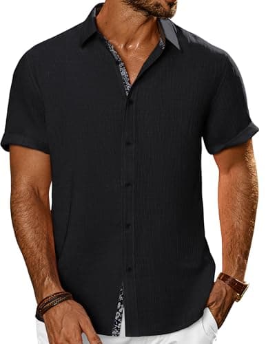 PJ PAUL JONES Men's Button Down Short Sleeve Shirt Casual Summer Beach Textured Wedding Shirts Black - Image 1