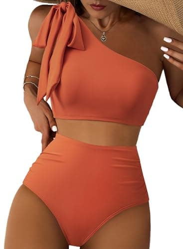 Herseas Women's Lace Up One Shoulder Swimsuits High Waisted Bikini Sets Tummy Control Stretchy Cut Out Back 2026 Summer Teen Girls Bathing Suit Cute Orange Resort Wear Large - Image 1