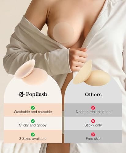 Popilush Nipple Covers for Women - Sticky Bra Reusable Silicone Pasties Waterproof with Travel Case Crème - Thumbnail 2