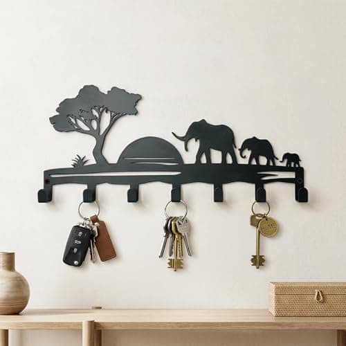 Metal Key Holder Wall Mount, African Safari Key Rack Hooks, Elephant Family Sunset Wall Art Organizer for Entryway, Kitchen, Hallway, Garage, Farmhouse Home Decor & Housewarming Gift (Elephant) - Thumbnail 2