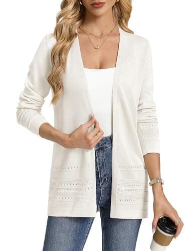 Women Long Cardigan Sweaters, Lightweight Summer V Neck Cardigan 2026, Long Sleeve Open Front Sweater White 2XL - Image 1