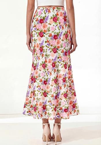 BTFBM Midi Skirts for Women 2026 Summer Spring Lightweight A Line High Waisted Wedding Guest Party Silk Long Skirt(Floral White Multicolored, Small) - Thumbnail 3