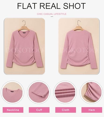Dokotoo School Outfits for Teachers Tops for Women Comfy Spring Clothes 2026 Casual Loose V Neck Long Sleeve T Shirts Soft Knit Solid Business Pullover Tunics Shirts Side Ruched Fitted Blouses Pink L - Thumbnail 5