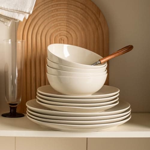 ALOFMO Ceramic Dinnerware Sets for 4,12 Pieces Plates and Bowls Sets, Plates Pasta Bowls Soup Bowls, Modern Stoneware Dishes, Reaction Glaze (White) - Thumbnail 6