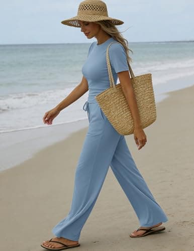 Flevita Women's 2 Piece Sets Summer Airport Outfits T-shirts and 31" Inseam Wide Leg Pants Set Comfortable Travel Lounge Wear Pjs with Pockets Blue XS - Thumbnail 5