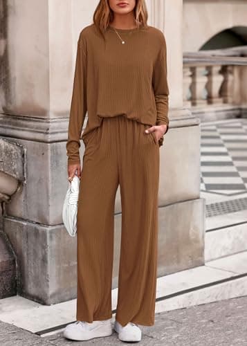 KIRUNDO Spring 2 Piece Lounge Sets for Women Long Sleeve Ribbed Knit Tops Wide Leg Pants Matching Travel Outfits Postpartum(Caramel, Small) - Thumbnail 6