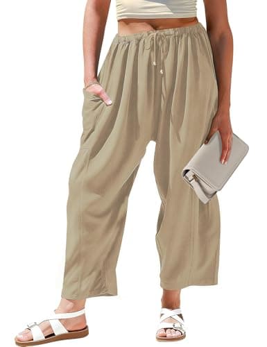 LOMON Womens Wide Leg Pants Linen Palazzo Summer Flowy Pants Drawstring Harem Pants Beach Travel Vacation Pants(Apricot,M) - Image 1