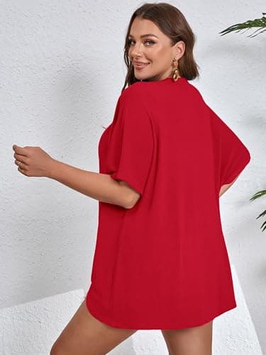 AusLook Women's Plus Size Short Sleeve Lightweight Open Front Cardigan Red 3X Cover Ups Shrugs Shawls and Wraps Kimono Jacket Coat - Thumbnail 2