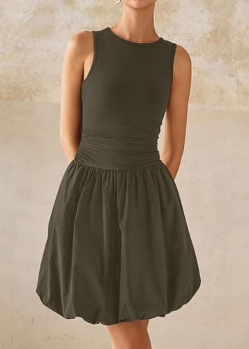KIRUNDO Summer Bubble Dress for Women 2026 Casual Mini Spring Bodycon Cocktail Dresses Sleeveless Drop Waist Sundress Beach(Dark Khaki, XX-Large) - Thumbnail 4