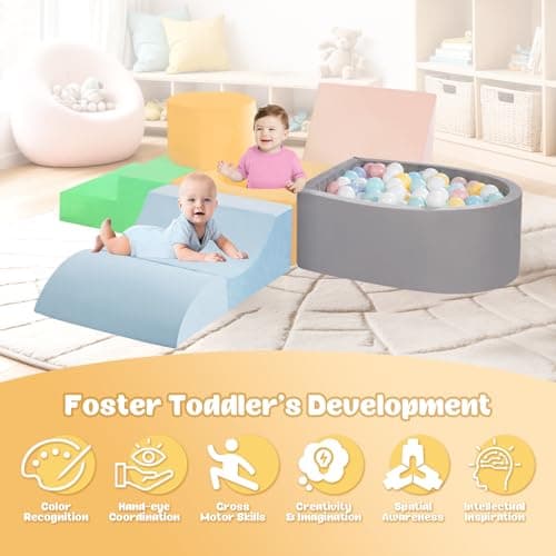 MIND&ACTION Toddler Climbing Toys Indoor, Baby Foam Climbing Blocks with Ball Pit for 1-3 Years Old, 6-Piece Soft Play Set Climbing Blocks, Climb Crawl Activity, Birthday (Balls not Included) - Thumbnail 2