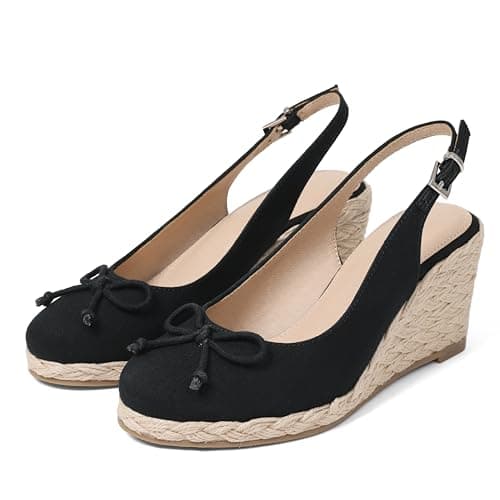 EQAUDES Wedges Sandals for Women Eapadrilles Platform Slingback Black Bow - Summer, Closed Toe, Slieds, Beach, Raffia, Adjustable Strap, Wedding Shoes - Image 1