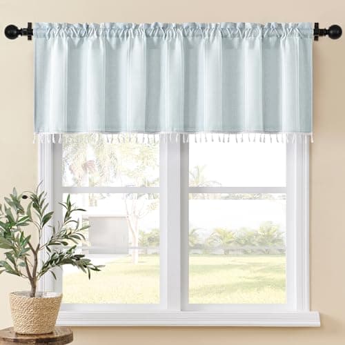 Home Queen Boho Striped Linen Window Curtain Valance with Tassel for Kitchen Bedroom Bathroom Farmhouse Curtain Valence Light Filtering Curtain Topper, 54W x 18L, Blue Gray