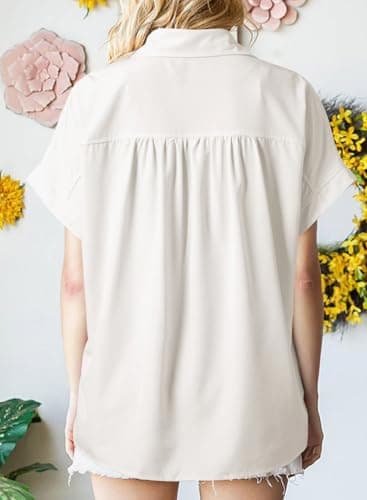 Dokotoo Plus Size Tops for Women Dressy Casual Chiffon Blouse Short Sleeve Shirts for Women Collared V Neck Work Office Button Down Shirt Solid Color Loose Fit T-Shirts White Polo Shirts XX-Large - Thumbnail 2