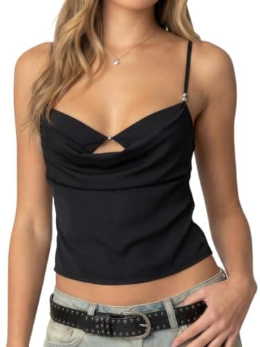 Matunana Women Going Out Tops Cowl Neck Layered Bra Spaghetti Strap Camisole Cut Out Crop Tank Top Y2k Summer Black XS - Image 1
